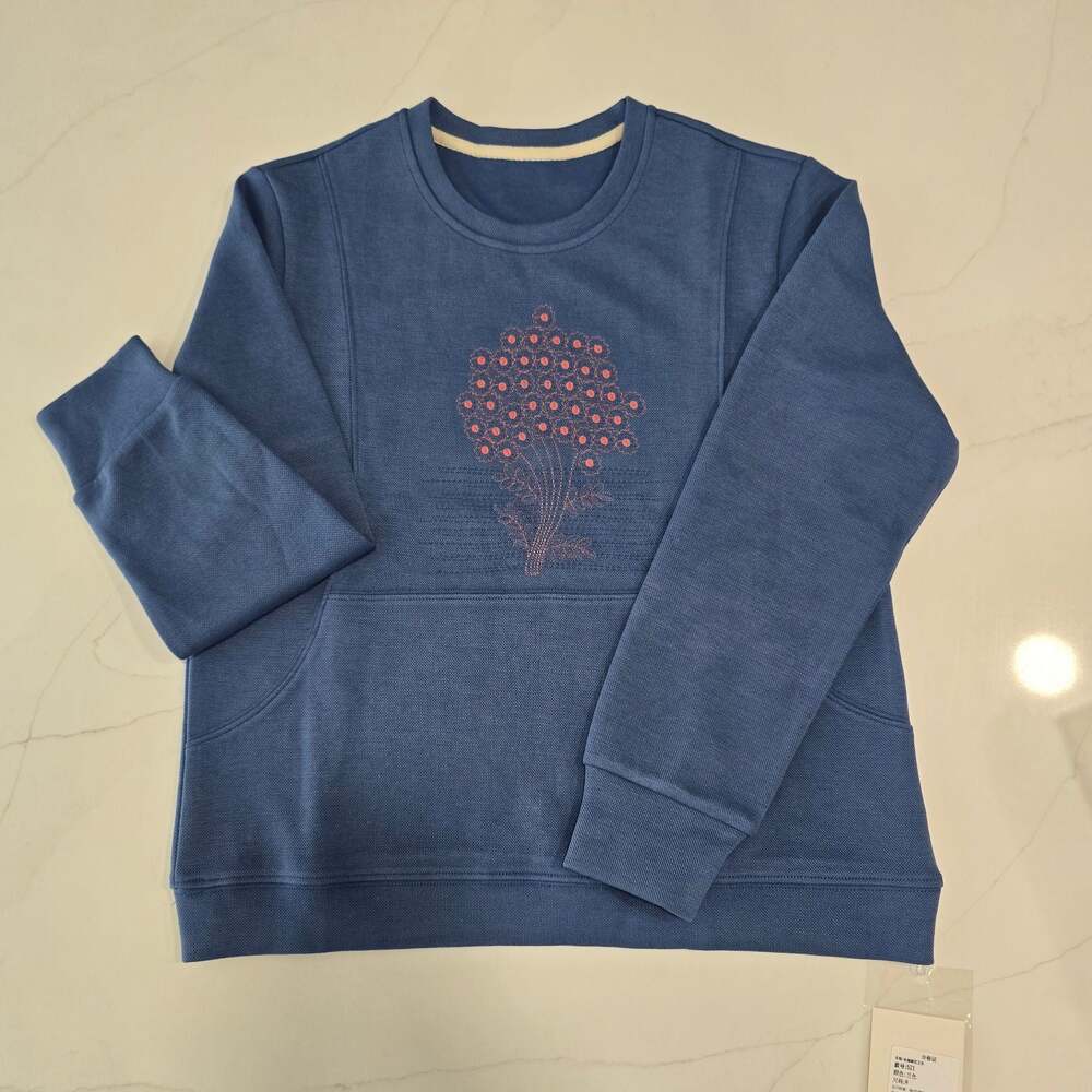 Blue Long-Sleeved Embroidered Floral Crewneck Sweatshirt Size M